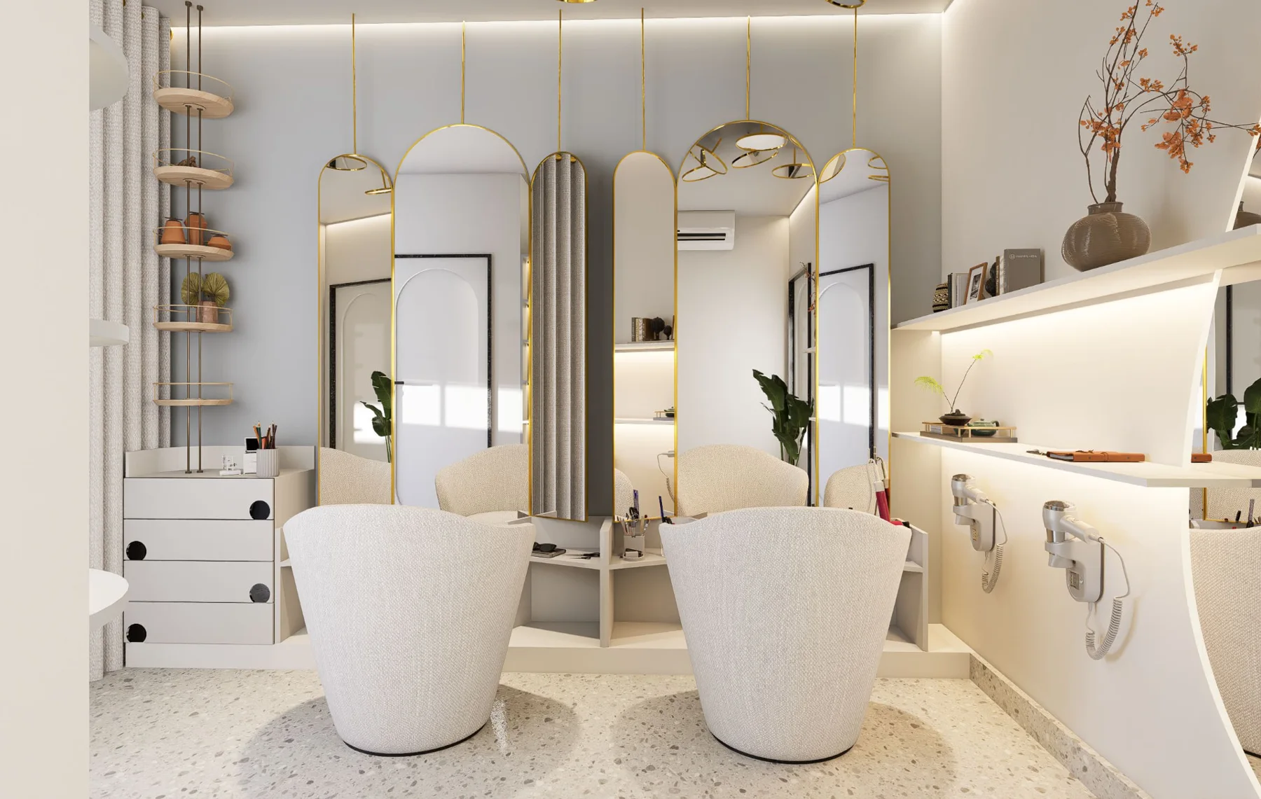 Helles Beauty-Interieur mit eleganten Spiegeln und Sesseln